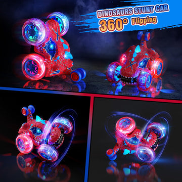 Carsky Remote Control Car RC Cars for Boy 360?Stunt Rotation 4WD Remote Cars for Kids 3-6 Double Sided Dinosaur Toy with Lights,