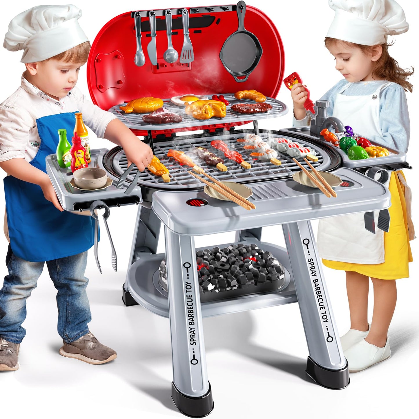 Jukudahu Kids Play Kitchen Toys, Bbq Grill With Smoke For Kids Ages 3 4 5 6 7, 2-Layer Barbecue Toys Play Food Set With Sound Li