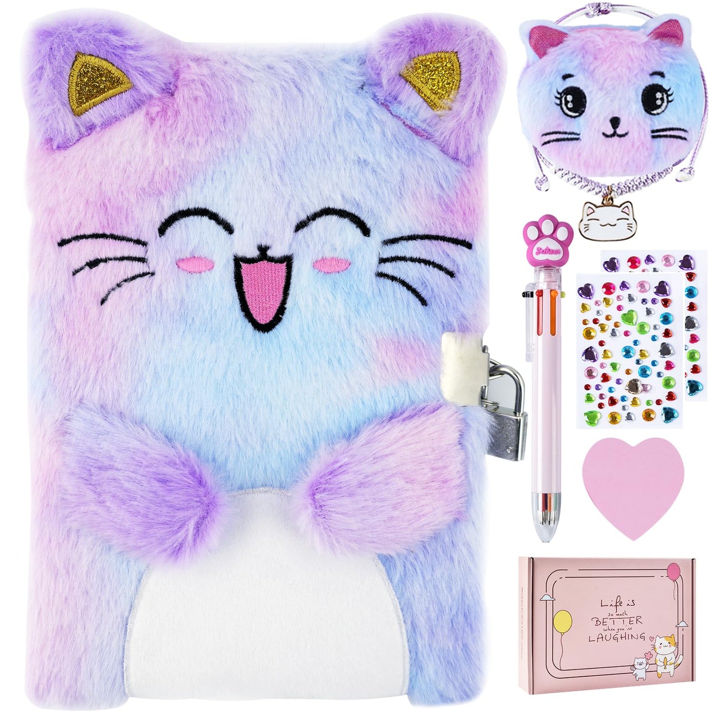 Pjdrllc Cat Diary With Lock, Gift For 6 7 8 Year Old Girl, Secret Diary Journal Notebook With Coin Purse, Multicolored Pen, Post-It Note, Stickers, Practical Gift For Birthday (A Happy Cat)