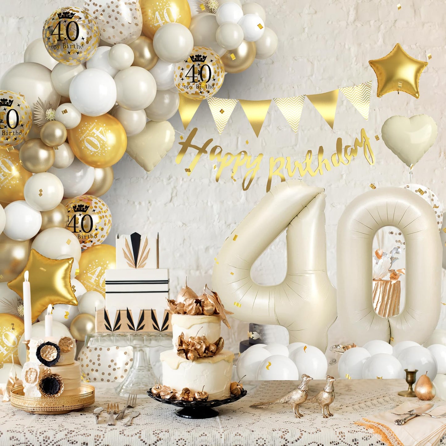 40Th Birthday Decorations Sand White Gold,40Th Birthday Balloon Arch Garland Kit With Happy 40Th Birthday Number 40 Foil Balloon