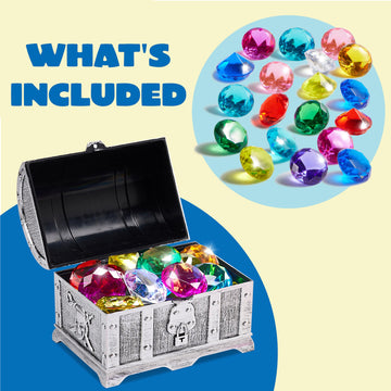 Sloosh Diving Gems Pool Toys 16 Big Colorful Diamond with Pirate Treasure Chest Swim Dive Toy for Kids Underwater Gemstone Swimming Training Gift Water Toys Pool Games(Silver)