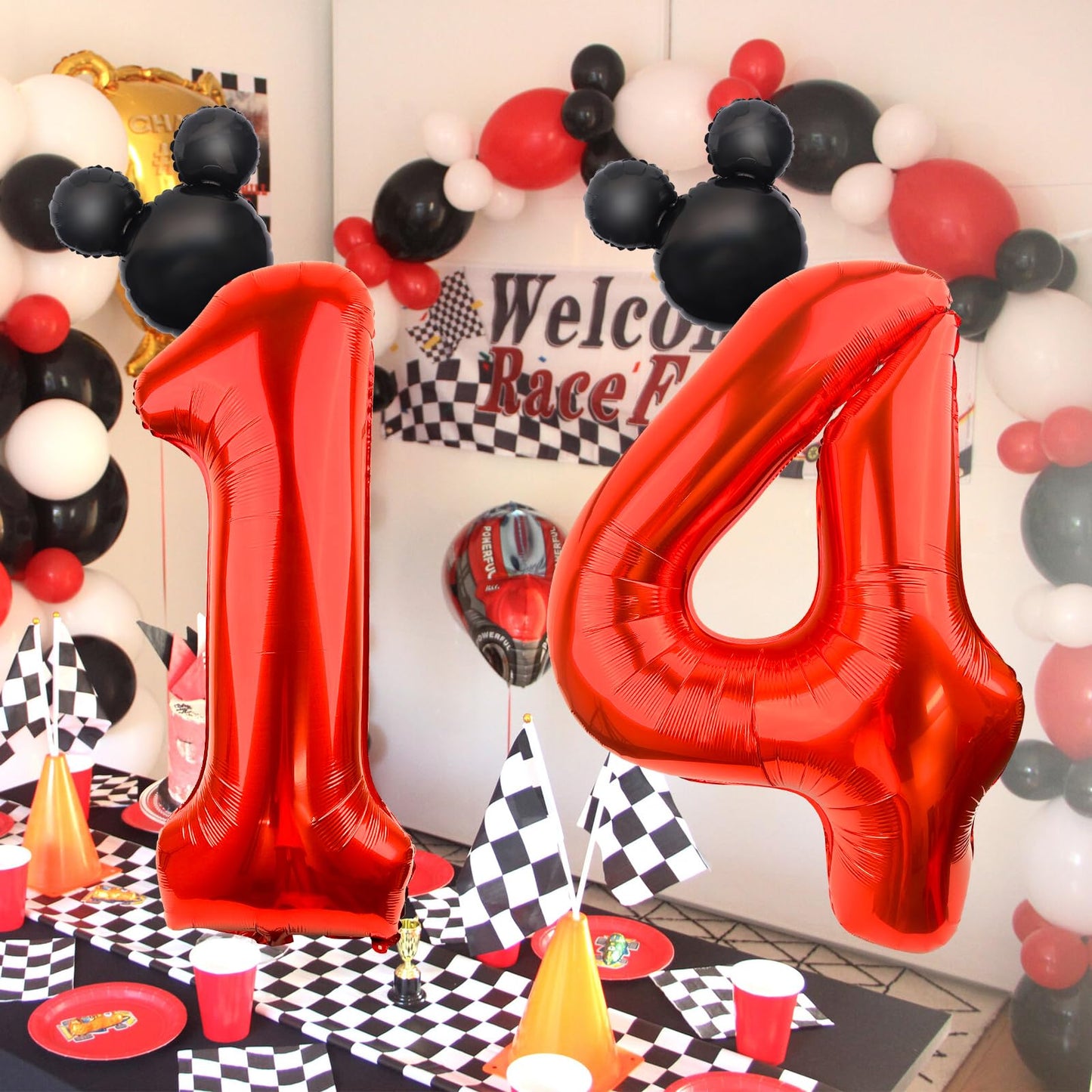 Lebery Mouse Number 4 Balloon 40 Inch Red Number 4 Balloon Mini Mouse Head Balloon For 4Th Birthday Party, Black Red Large Number 4 Foil Balloon For Baby Shower Anniversary Supplies Decorations
