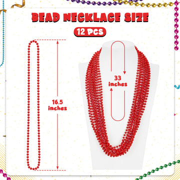 12 Pcs Red Bead Necklace, 33'' Red Christmas Beads Necklaces, 33'' Valentines Beaded Stuff, Mardi Gras Beads Throws, Round Beads