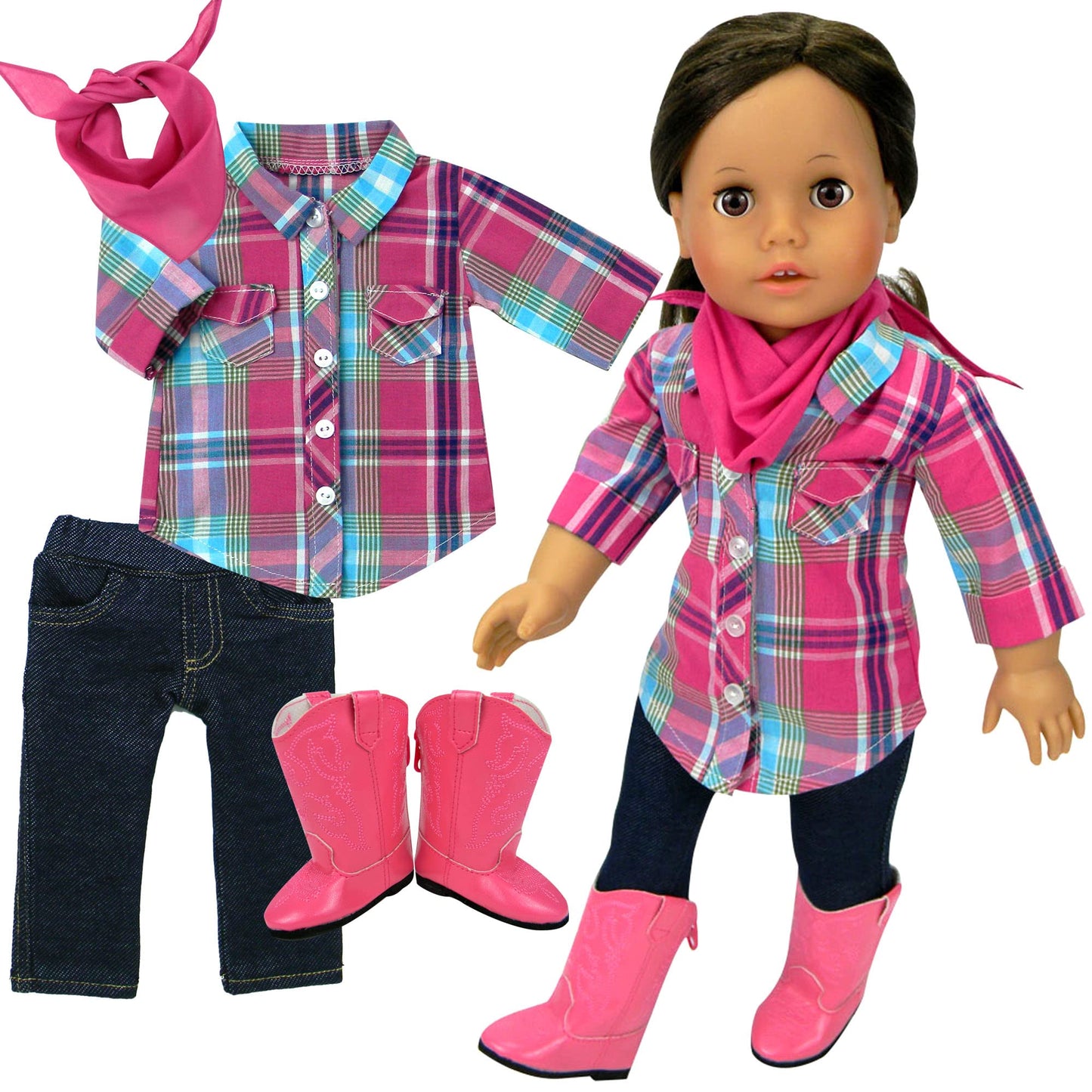 Sophia'S 18'' Doll 4 Pc. Western Outfit Plaid Shirt, Jeggings, Pink Boots And Bandana Outfit, Multicolor