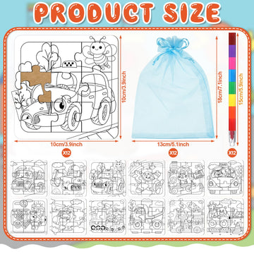 Fullhawl 12 Sets Transportation Puzzles Traffic Theme Color Your Own Puzzles DIY Construction Jigsaw Craft with 12 Stackable Crayons and 12 Bags for Construction Gifts Birthday Party Supplies(12 Car)