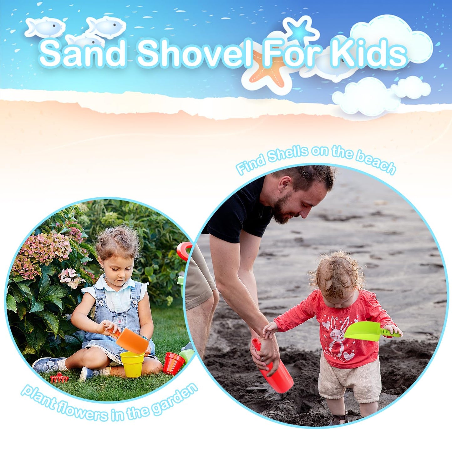 LoayBhok Beach Shovel Toys for Kids: Heavy Duty Plastic Sand Shovels Tools for Toddlers - 4 Pack Outdoor Digging Sandbox Toys Se