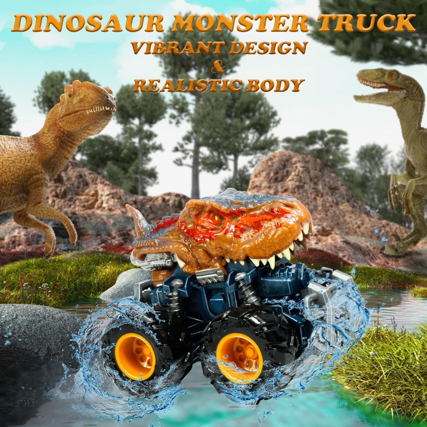 Oriate T-rex Dinosaur Toy Cars for Kids 3-8, Friction Powered Monster Truck with Mechanical Motor, Push n Go Car Stunt Play Part