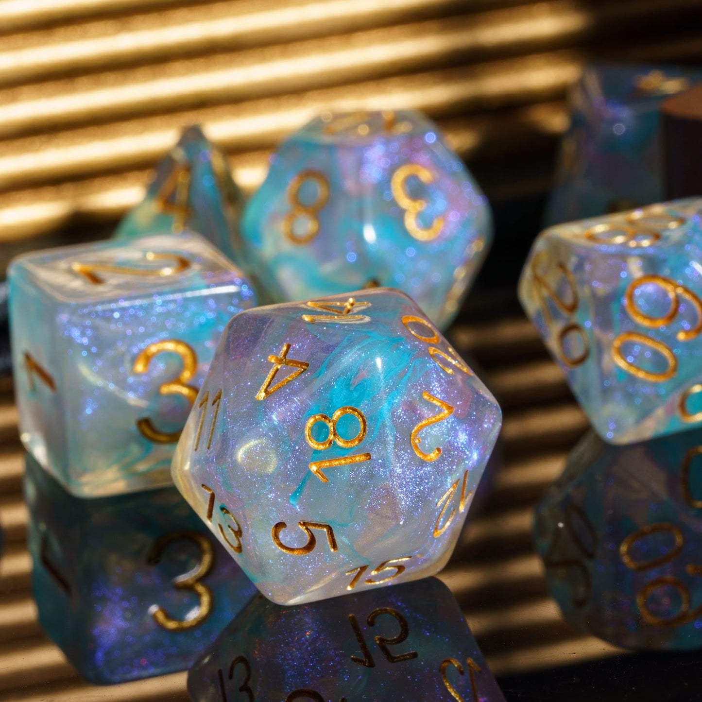 Udixi 7-Die Polyhedral Dice Set With Glitter And Cyan Swirls Dnd Dice For Dungeons And Dragons Role Playing Games (Cyan Pink)