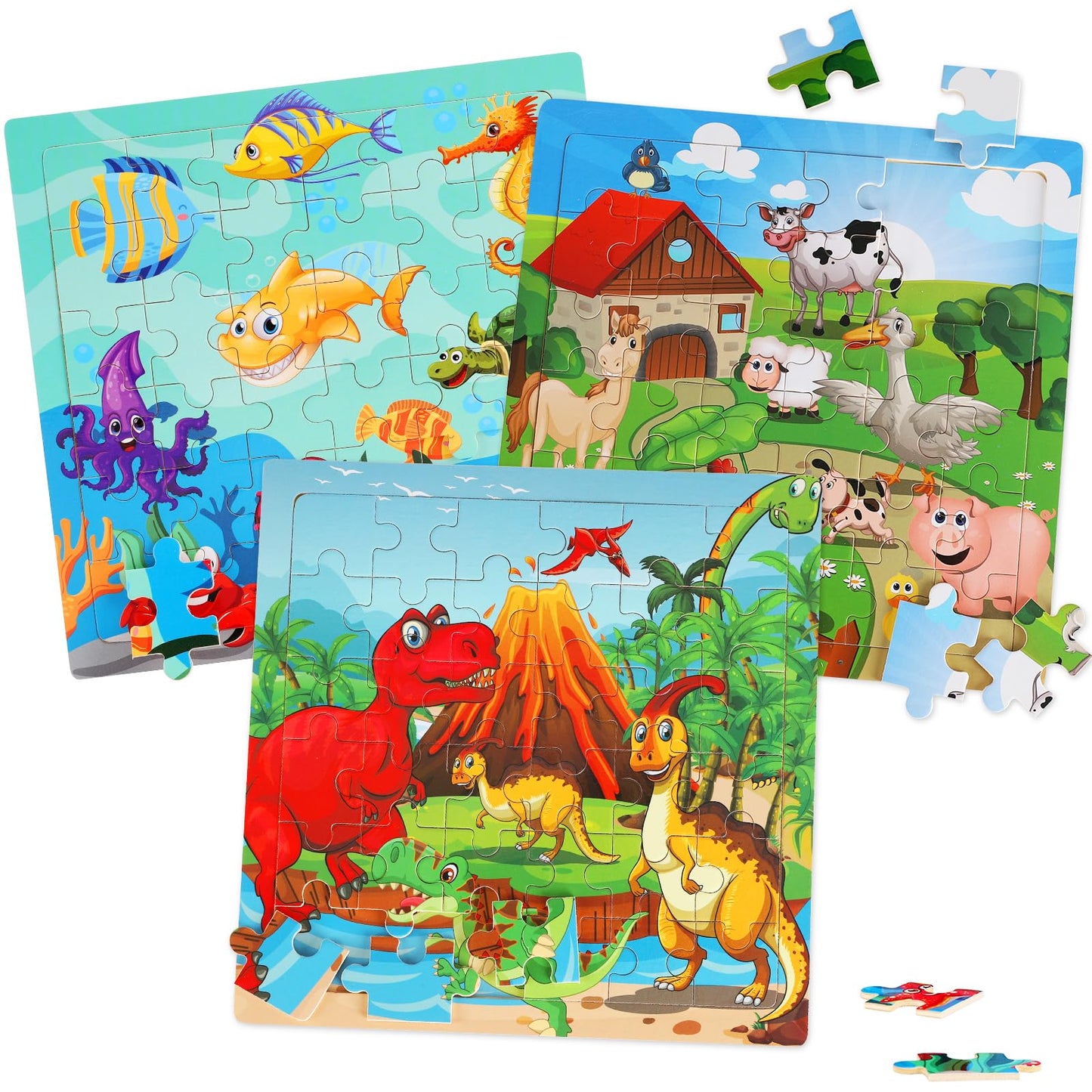 Wooden Puzzles Toys For Kids Ages 3-5, Set Of 3 Packs With 36-Piece Wood Jigsaw Puzzles, Dinosaur, Farm And Ocean Theme. Ideal Gifts For Boys And Girls 3 4 5 6 Years Old