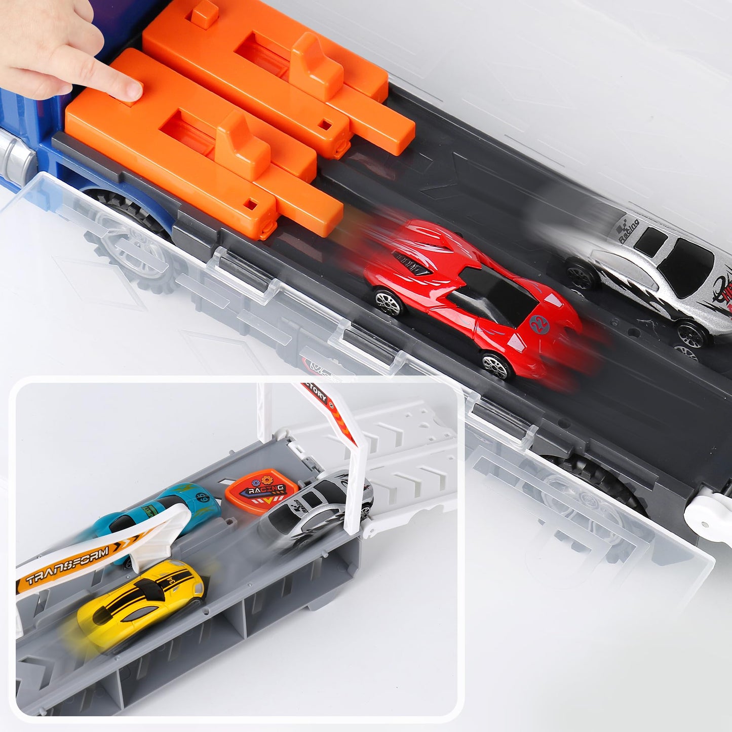 Dwi Dowellin Carrier Truck Toys for Kids,5-FT Hauler Truck with Ejection Race Track and 16 Die-Cast Metal Toy Cars,Car Toy Gift