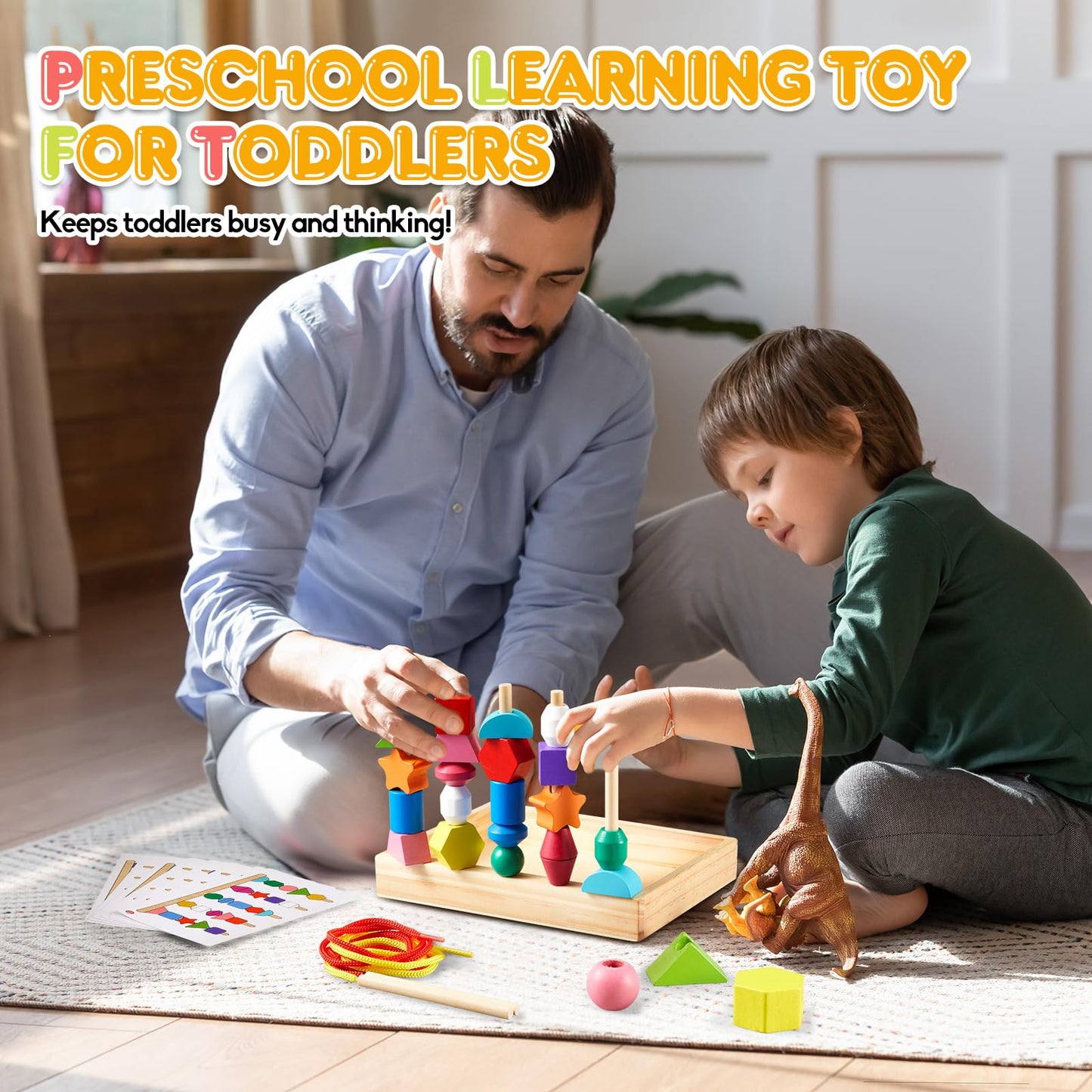 Montessori Wooden Toys, Lacing Beads & Stacking Block & Matching Shape Stacker, Montessori Wooden Beads Sequencing Toy Set, Stem