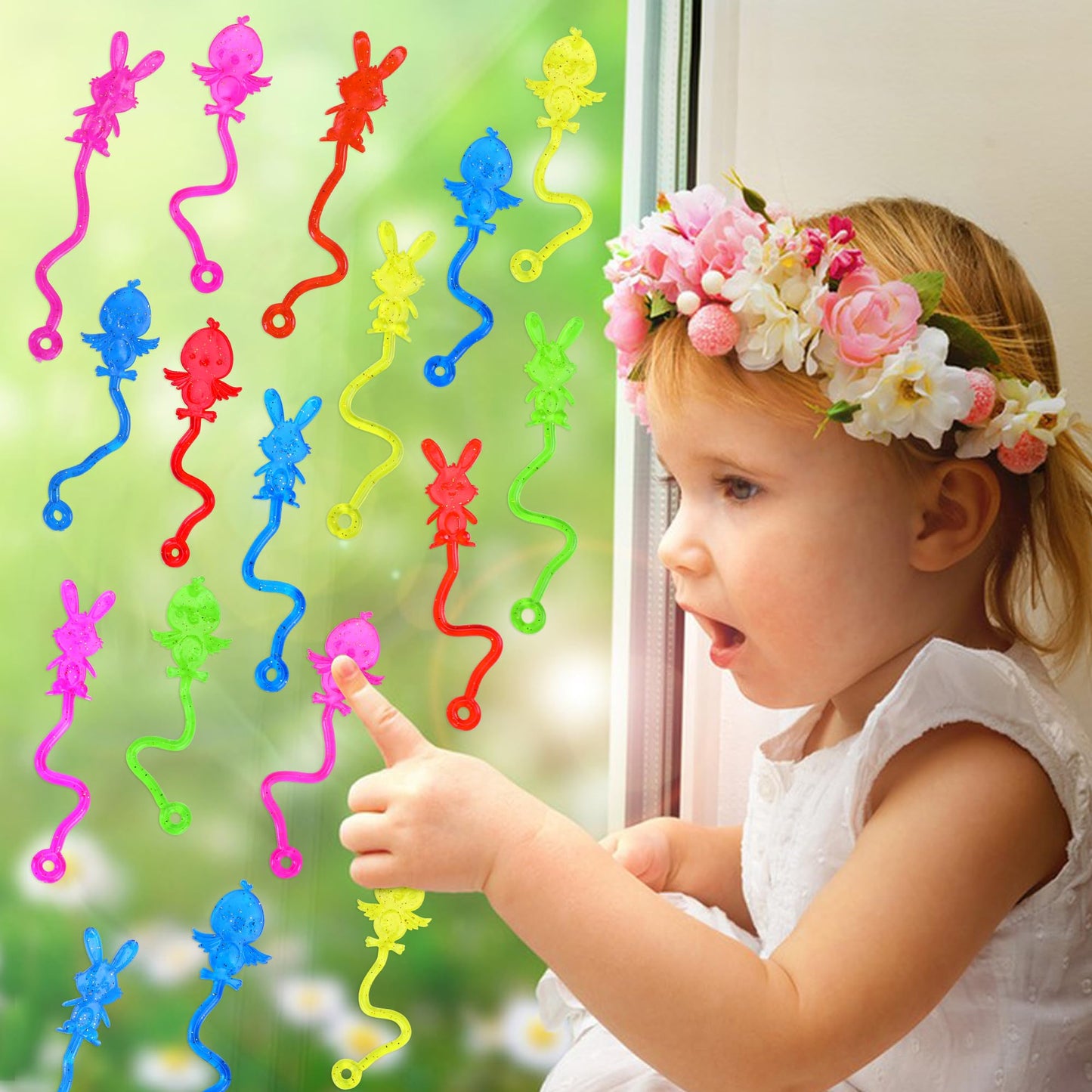 codree 50 Pcs Glitter Easter Sticky Hands Toys, Bunny Chick Stretchy Sticky Hands, Easter Themed Sensory Toy for Kids