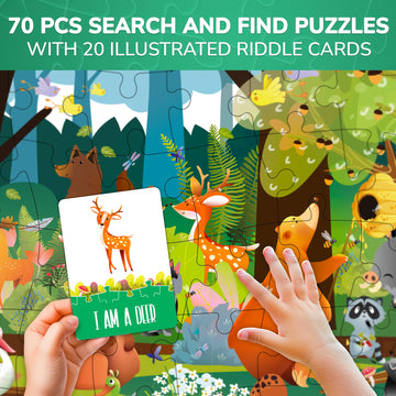 Quokka Search And Find Puzzles For Kids Ages 4-6 - Riddle Kids Puzzles 6-8 Years Old - 70 Unique Pcs | 20 Illustrated Guessing Cards | Engaging Children Themes - Forest Puzzle Gift For Toddlers 3-5
