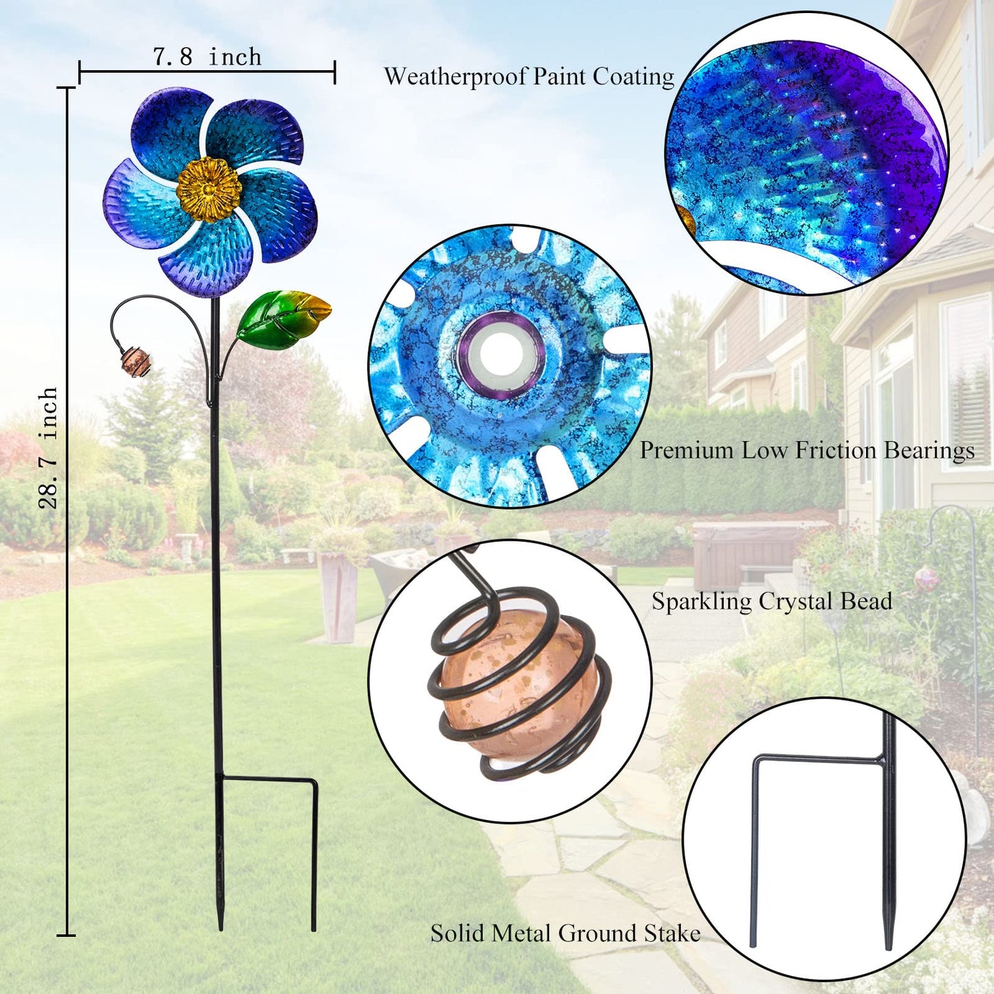 Viveta 2 Pack Wind Spinners With Metal Stake, 28.7 Inches Outdoor Garden Pinwheels Spinners Blue Flower Shape Design For Yard La