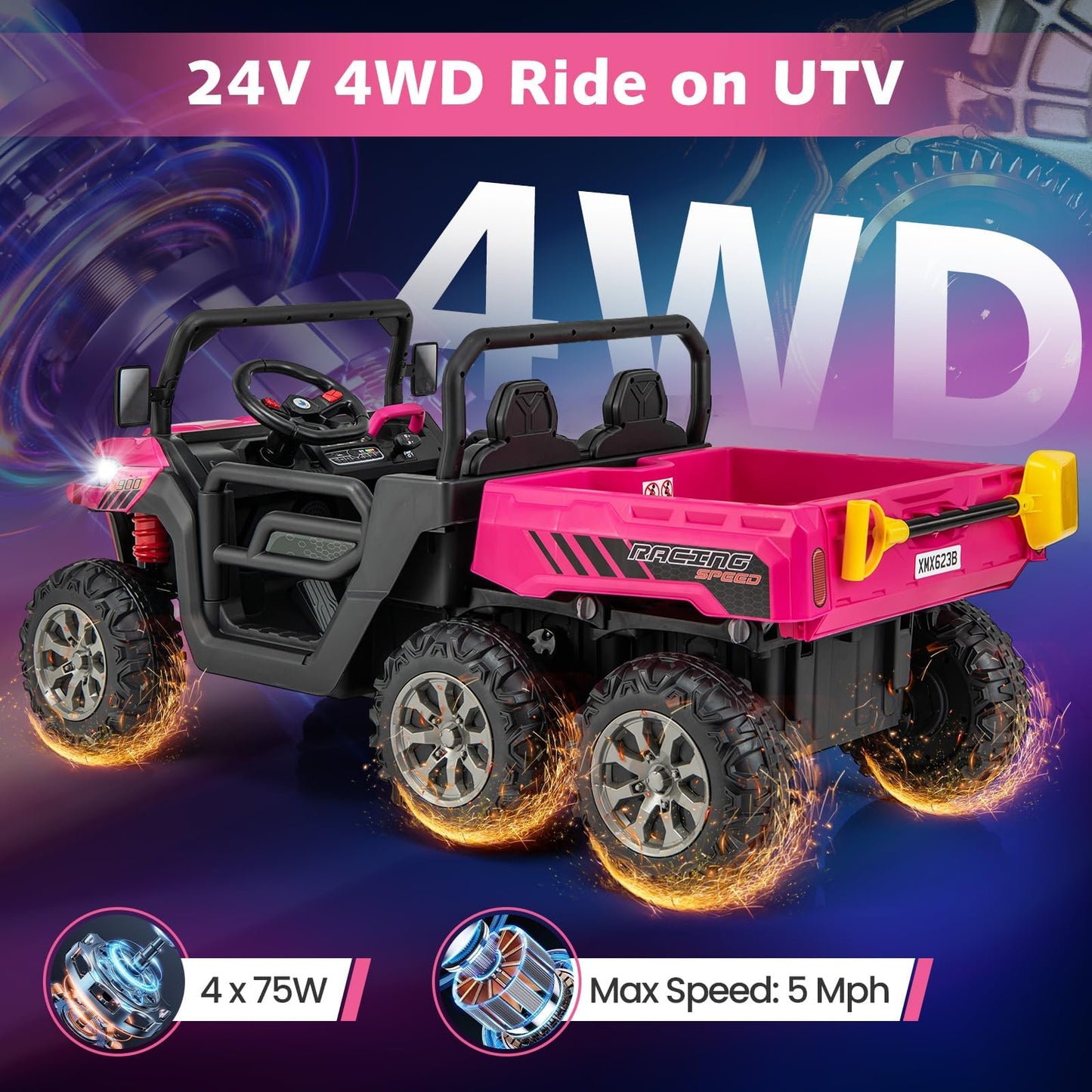 Olakids 24V 2 Seater Ride On Dump Truck, 4Wd 6X6 Battery Powered Kids Utv With Remote Control, 4 X 90W Engine, Electric Dump Bed, Spring Suspension, Ride On Toys For Big Kids (Rose)