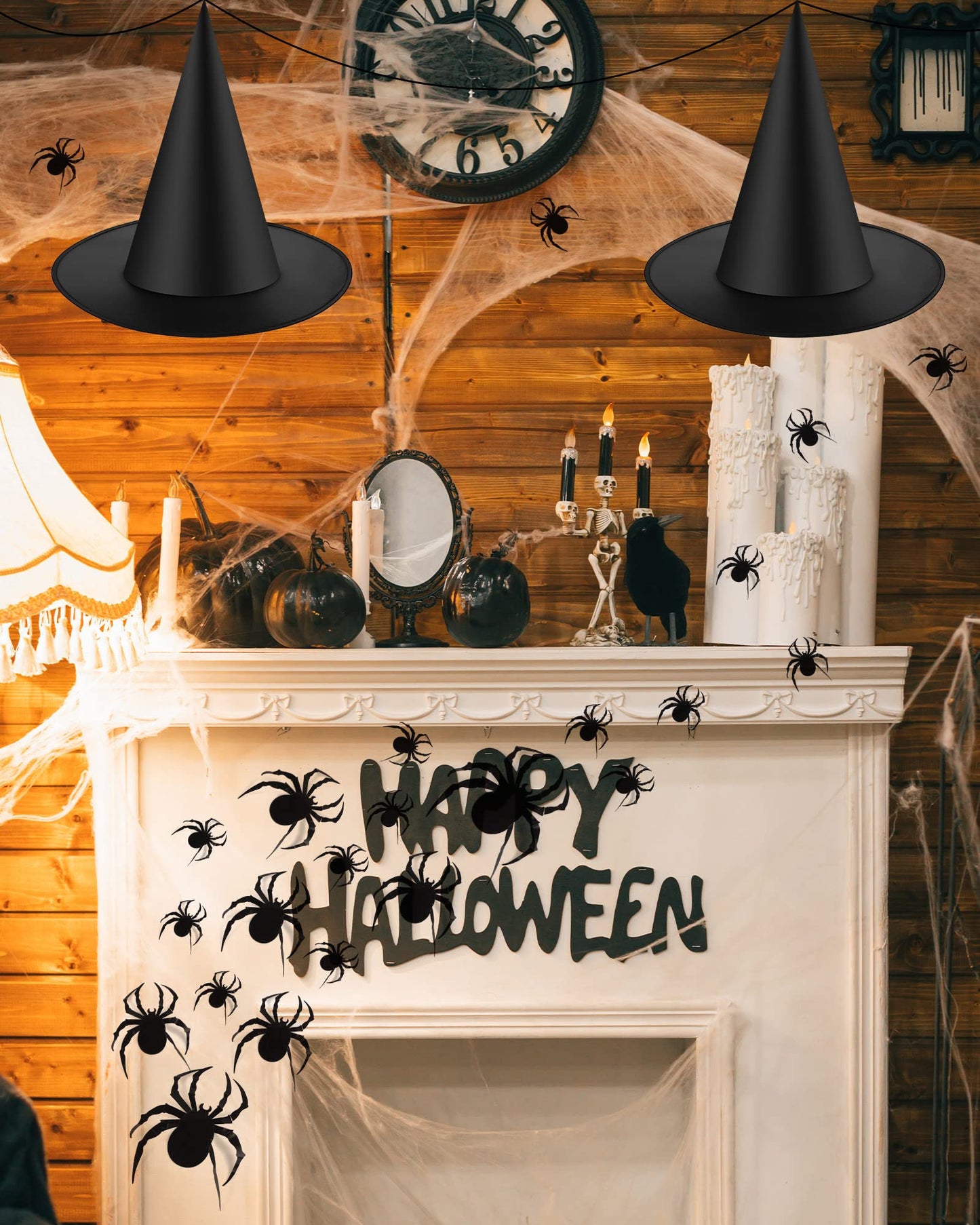 Sumind Halloween Decorations 6 Pcs Hanging Witch Hats With 60 Pcs 3D Bat Spider Stickers, Witch Costume Accessories Floating Witch Hats Halloween Decor(Spider)