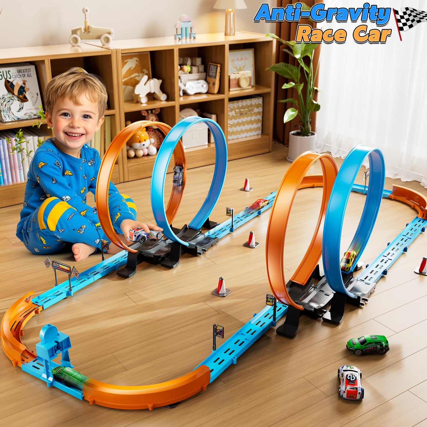 Lilybuds Toy Car Race Track Set For Boys Kids Age 3-5 4-7, Race Tracks With 4 Crash Zones And 1:64 Scale High-Speed Slot Cars, C