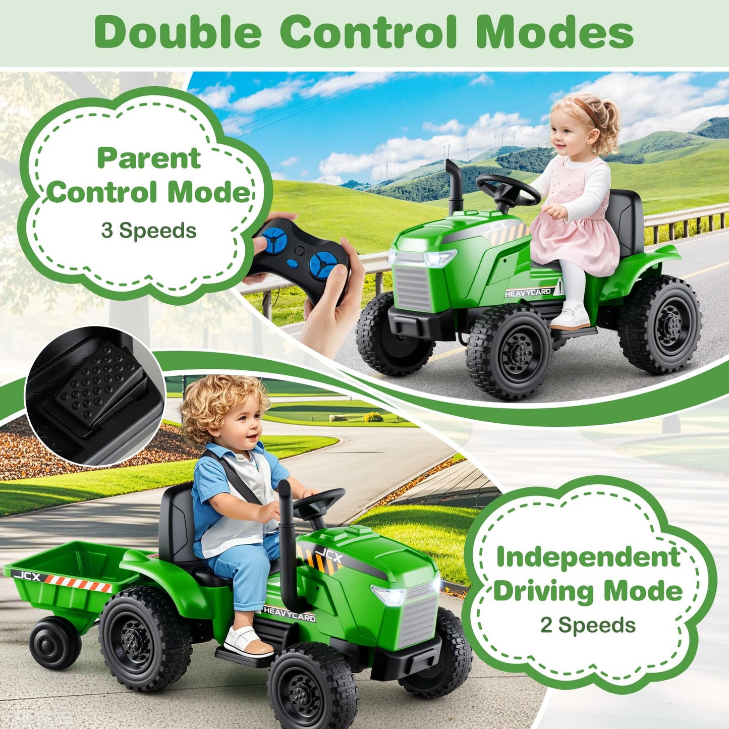 Costzon Ride On Tractor With Trailer, 12V Battery Powered Electric Vehicles With Remote Control, Music & Lights, Kids Tractor Ri