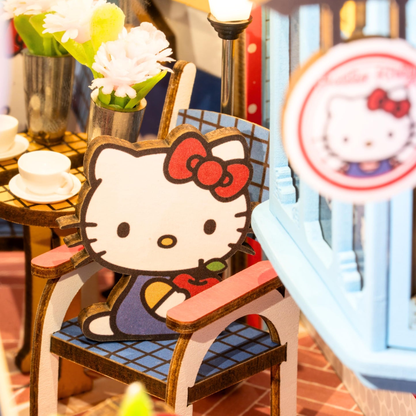 Hands Craft DIY Miniature Kit - Hello Kitty Town Square, 1:12 Scale, Wood, TGBH01, LED Lights, Perfect Gift for Fans