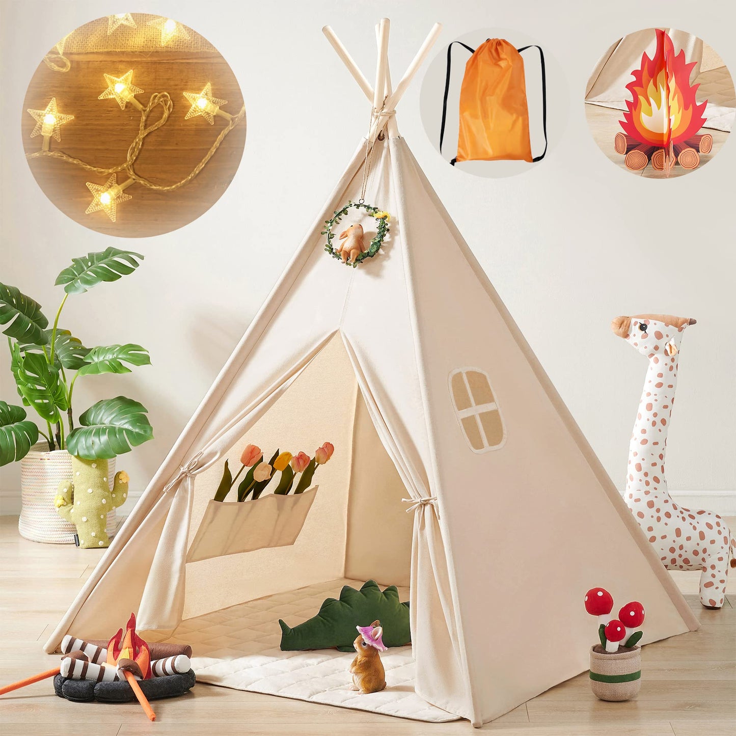 Tiny Land Kids-Teepee-Tent With Lights & Campfire Toy & Carry Case, Natural Cotton Canvas Toddler Tent - Washable Foldable Teepee Tent For Kids Indoor Tent, Outdoor Play Tent For Girls & Boys