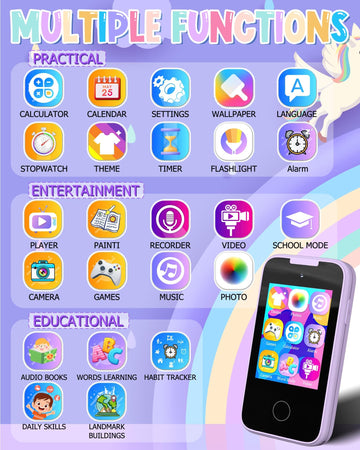 Vimorg Kids Smart Phone - Purple Touchscreen Toy Cell Phone, 8G TF Card, Learning Apps, Ideal Gifts for Girls Aged 3-9, Model PH01-02