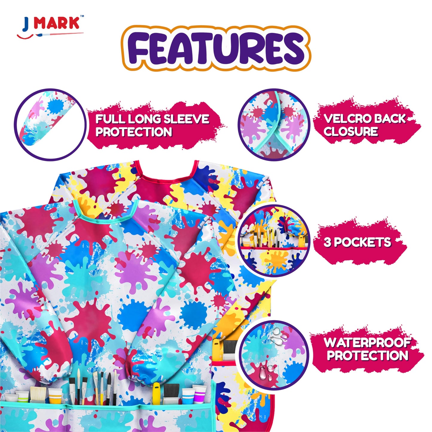 Art Smock Painting Apron - (Pack of 2) Long Sleeve and 2 Pockets for Arts & Crafts - Waterproof Artist Paint Shirt Colorful