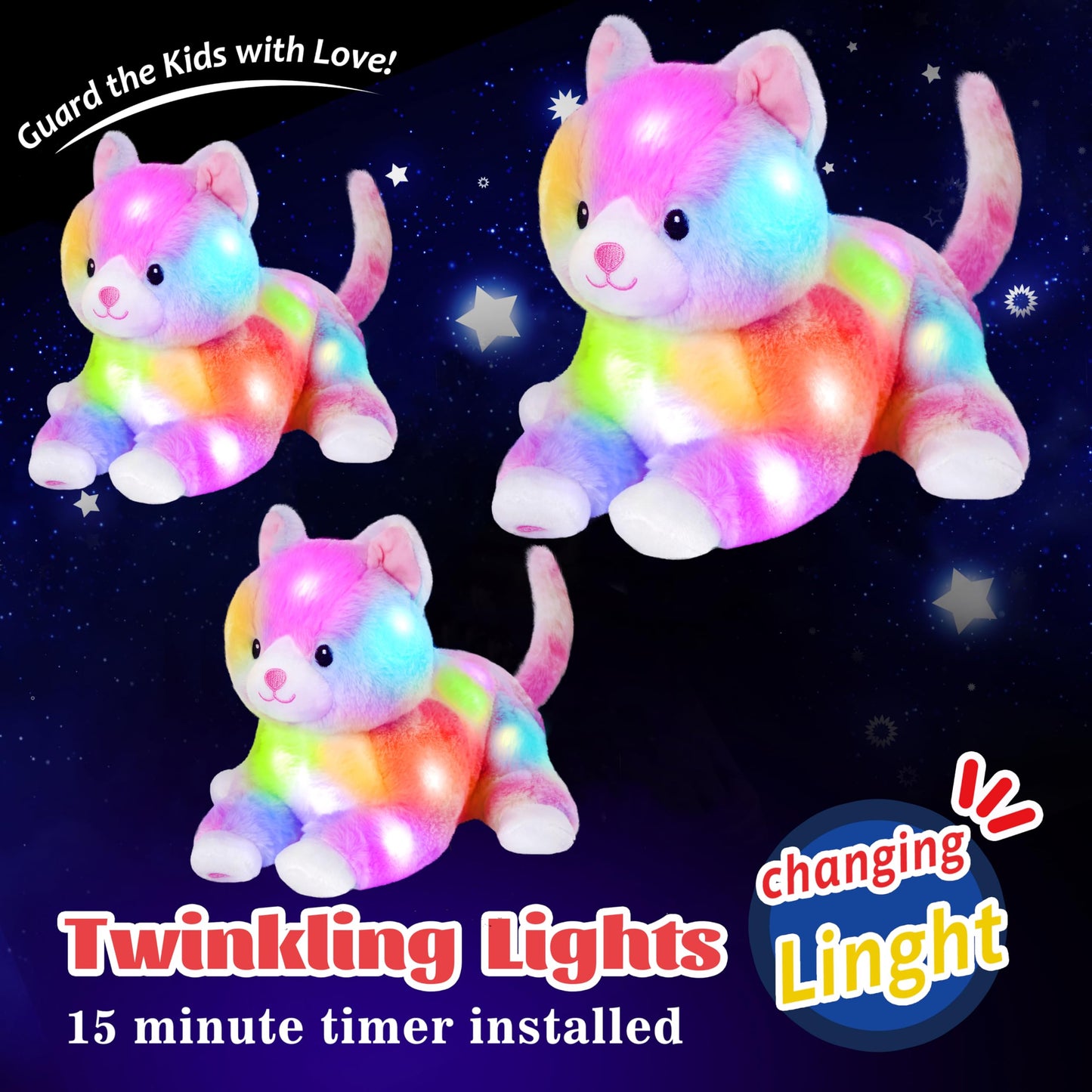 Glow Guards 13'' Rainbow Cat Plush Toy - Light-Up Soft Stuffed Animal Bed Night Light for Toddlers & Kids - Perfect Birthday Gift