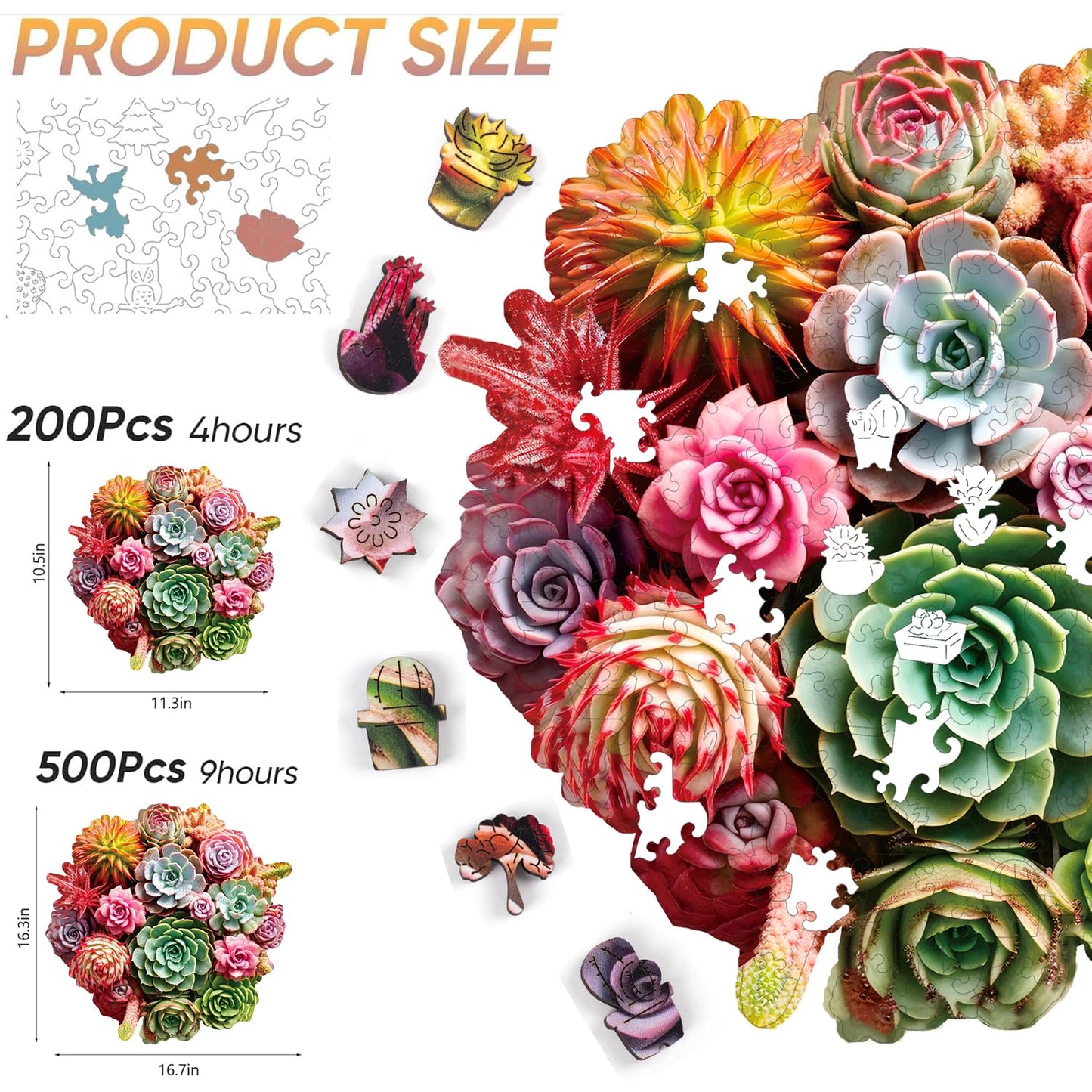 Wooden Puzzles For Adults 500 Piece, Colorful Succulent Puzzle For Mom, Challenging Puzzle, Luxurious Shaped Wooden Puzzles For