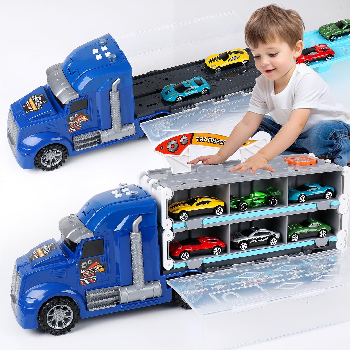 Dwi Dowellin Carrier Truck Toys for Kids,5-FT Hauler Truck with Ejection Race Track and 16 Die-Cast Metal Toy Cars,Car Toy Gift