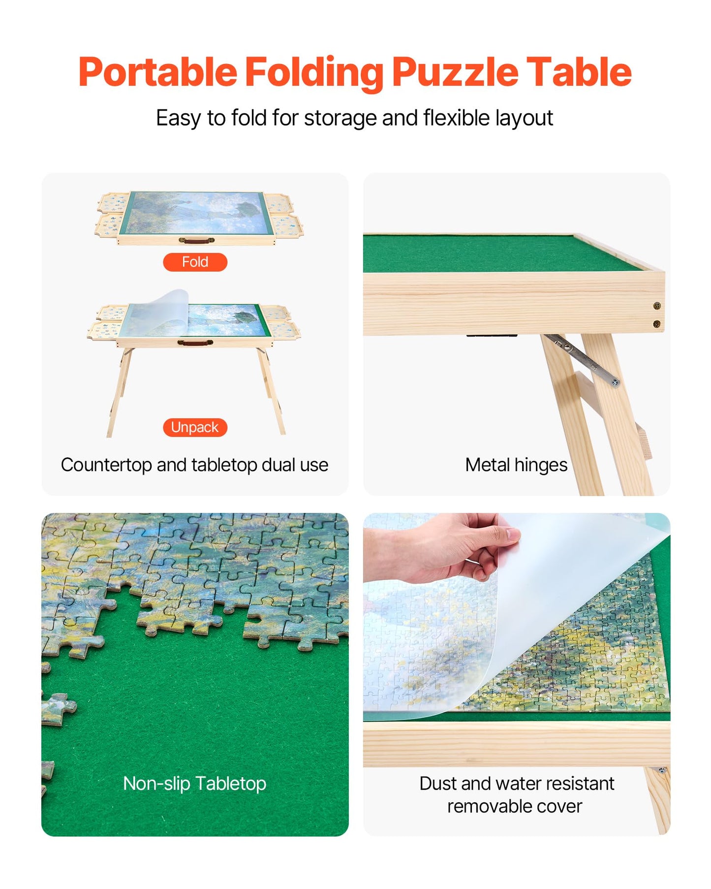 VEVOR 1500-Piece Puzzle Table with 4 Drawers Adjustable 6-Angle Tilt 34x25in Felt Surface Board at 26in Height Folding Legs & Cover mature-themed Jigsaw Accessories Gift for Mom