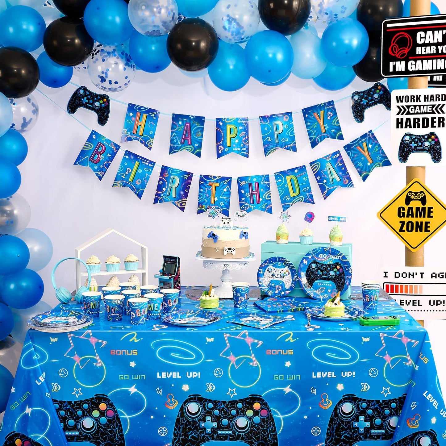 Wernnsai Video Game Party Supplies - 88 Pcs Gamer Birthday Party Decorations For Boys Family Gaming Night Tableware Set Happy Birthday Banner Tablecloth Plates Napkins Cups Balloons Serves 16 Guests