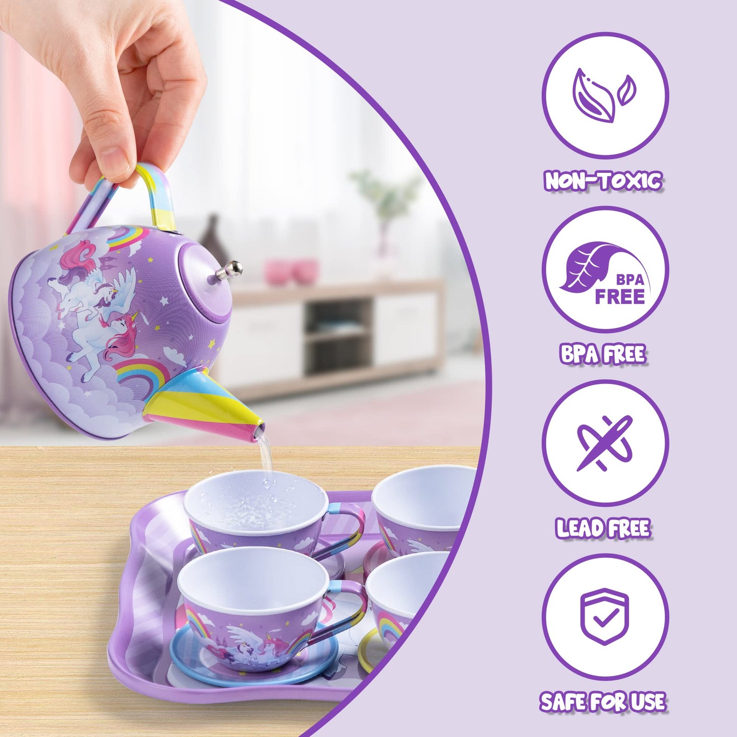 JOYIN Unicorn Tea Party Set for Little Girls, Pretend Purple Tin Teapot Set, Princess Tea Time Play Kitchen Toy with Teapot, Cup