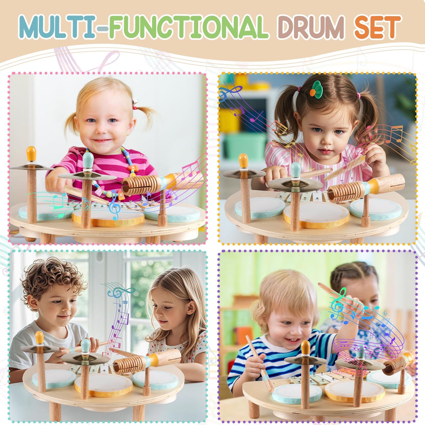 Kids Drum Set, Montessori Musical Instruments For Toddlers 1-3, Wooden Musical Toys For Baby 12-18 Months, Preschool Educational