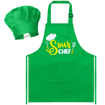 Kid Apron and Chef Hat Set - R HORSE 2Pcs Adjustable Children Green Kitchen Apron, Dress up Role Play Chef Toy Cooking Baking Pa