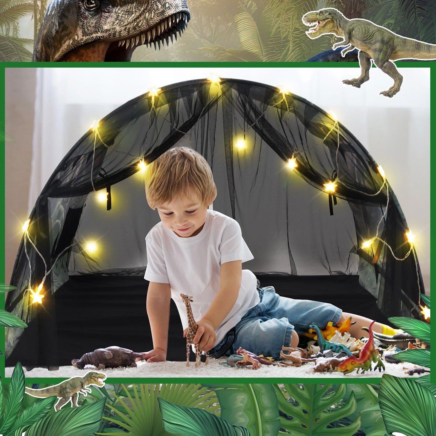 Wowangce Dinosaur Bed Tent For Kids Large Kids Twin Tent Toddler Play Tent With Carry Bag Foldable Tent For Kids With String Lig