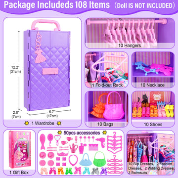 Ecore Fun 108 Pcs Doll Clothes And Accessories With Purple Doll Closet For 11.5 Inch Doll, Girl Doll Dress Up Including Party Dresses Fashion Dress Outfits Swimsuits Shoes Hangers Bags Necklaces