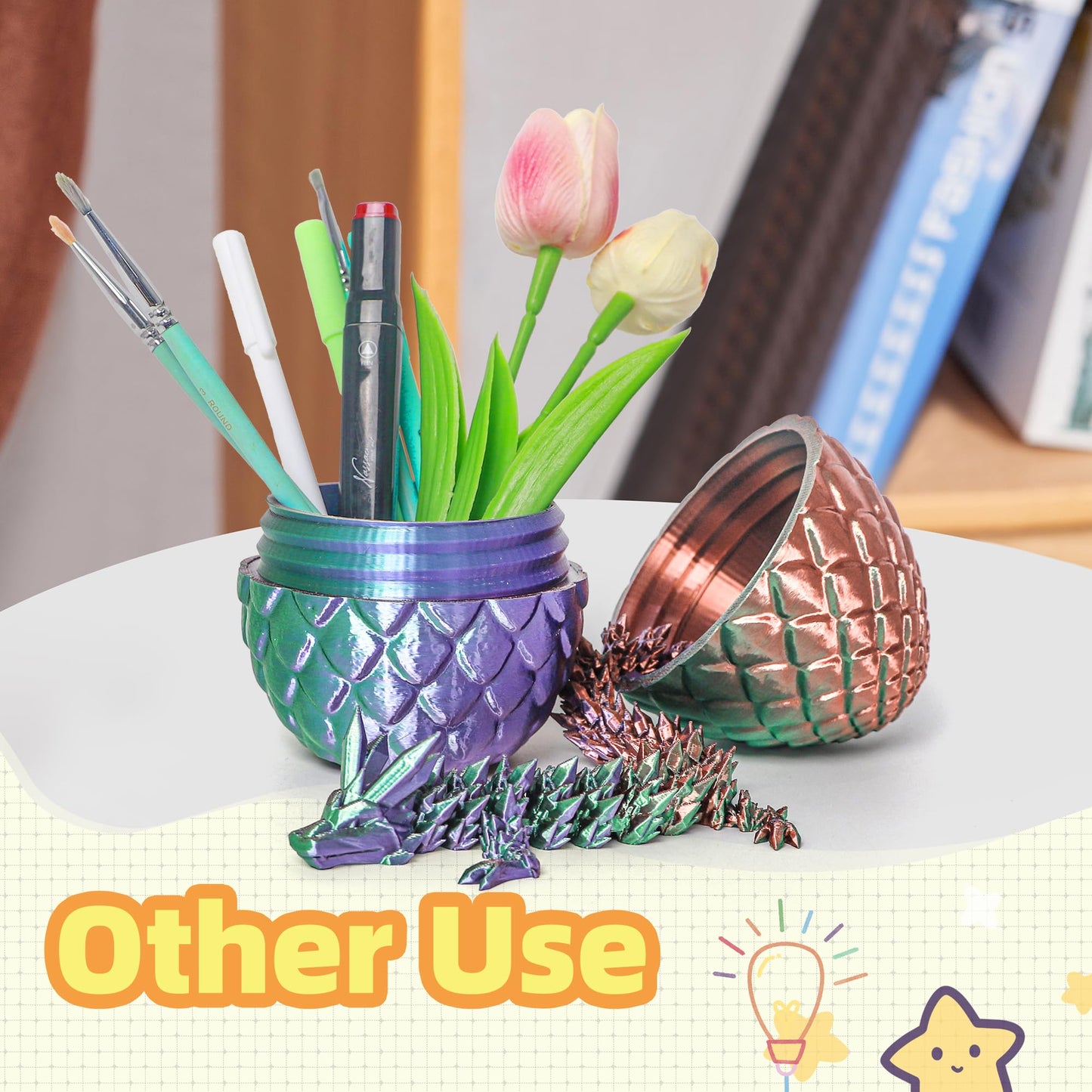 Flavery 3D Printed Dragon in Egg - 5.1" Tricolor Fidget Toy - Copper Green Purple - Desk Pet Figure, Model UK-FL-BL-CRYS-12L
