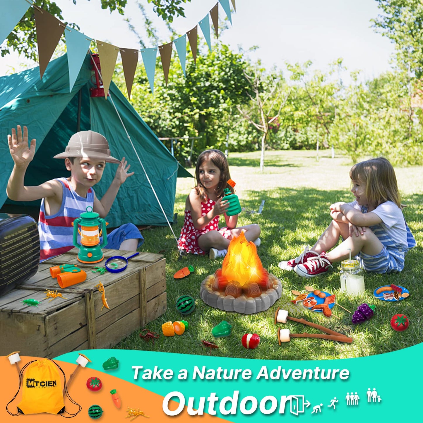 MITCIEN Camping Toys for Kids, Pretend Campfire, Lantern, Safari Hat, Binoculars, Bottle, Toy Food, S'Mores, Toddler Camping Pla