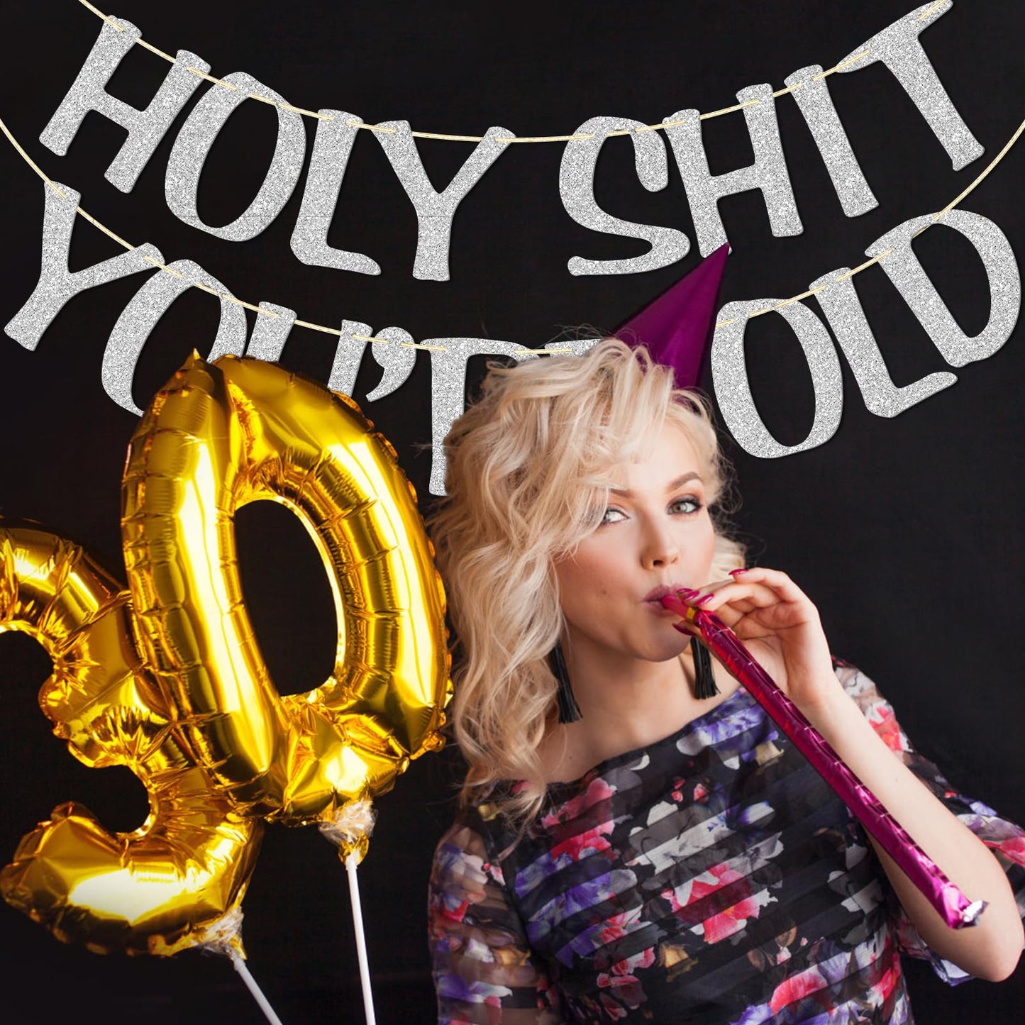 Holy Shit You'Re Old Banner Silver Glitter For 30Th 40Th 50H 60Th 70Th 80Th 90Th Funny Birthday Banner Sign Bunting Party Decor Photo Booth Props (Silver)
