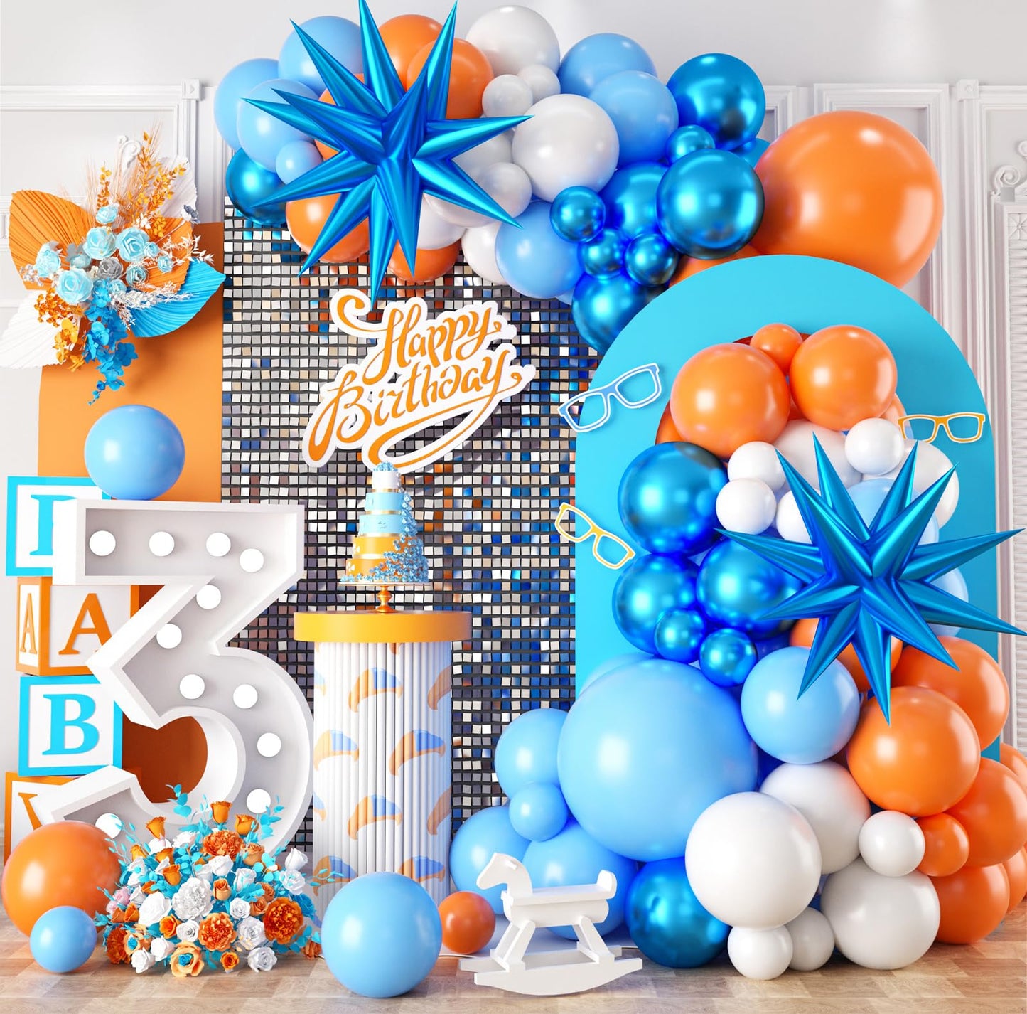 Orange And Blue Balloon Garland Arch Kit,Orange Blue White Balloons With Star Foil Balloons For Birthday Decoration Wedding Baby Shower Engagement Diy Decoration Party Supplies