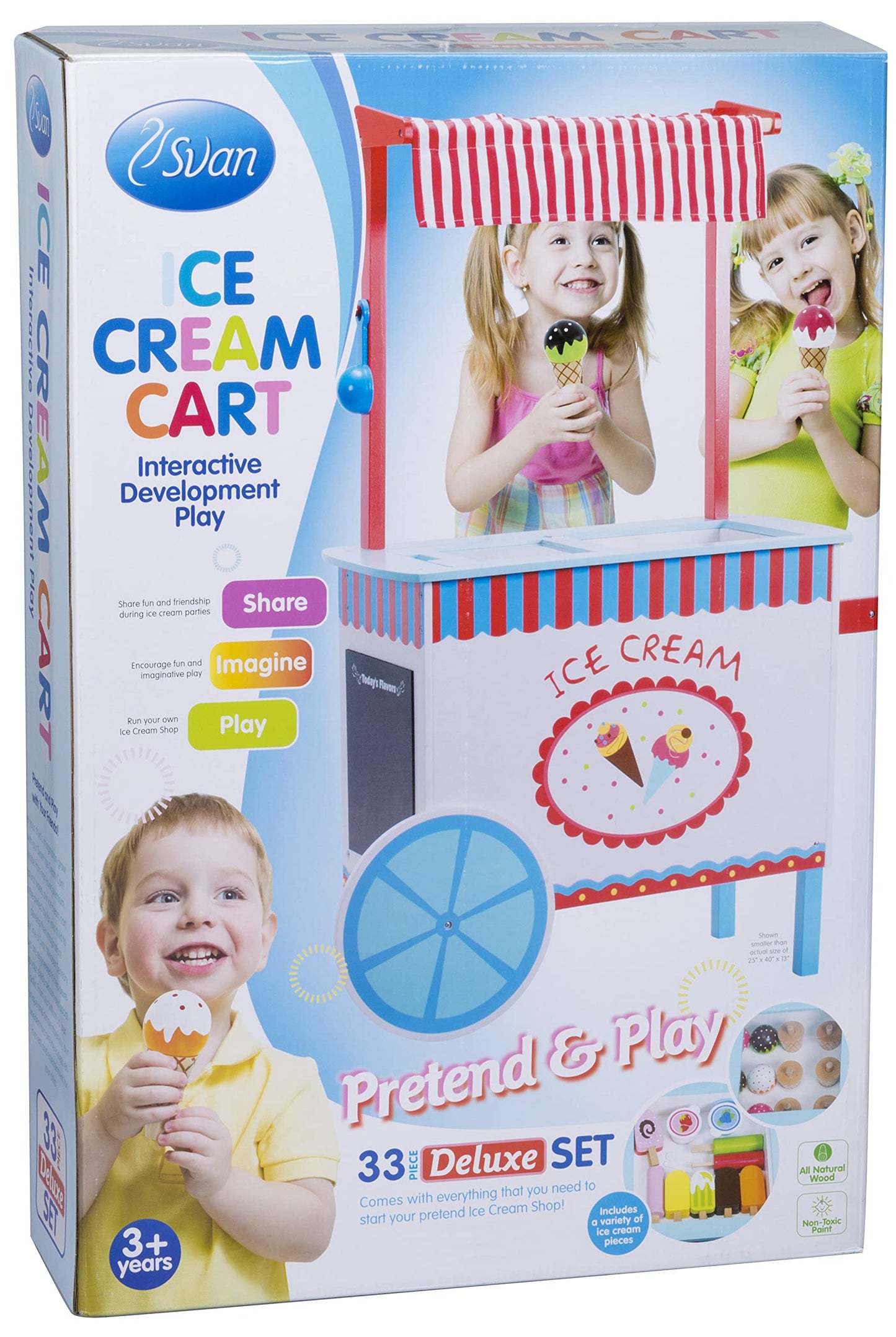 Ice Cream Cart Kids Pretend Play Stand- 33+ Pc Accessories, Realistic Premium Wooden Toy Set, Money Box, Chalkboard & Icecream T