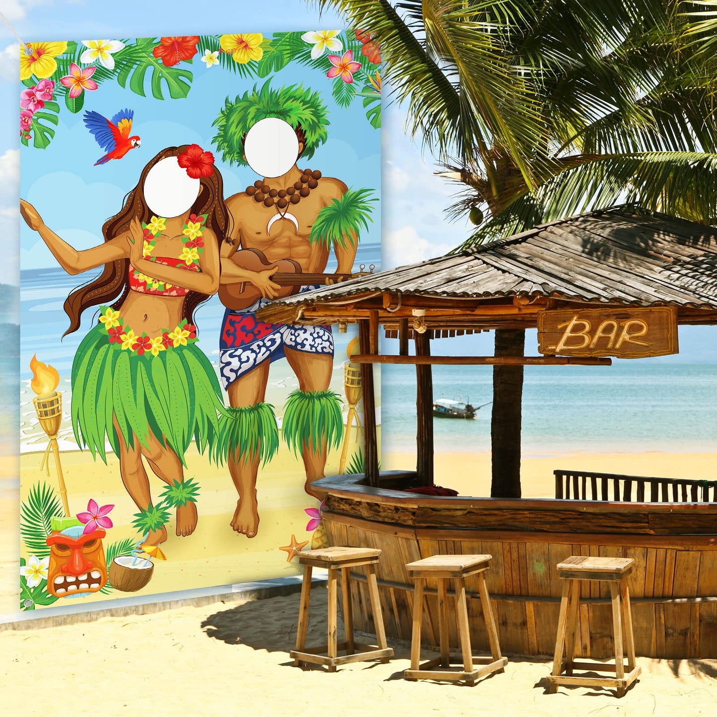 Luau Couple Photo Door Banner Hawaiian Party Decorations Tiki Luau Photo Props Aloha Tiki Banner For Party Hawaiian Door Banner Luau Party Supplies For Tropical Beach Party, 6 X 3.6 Ft
