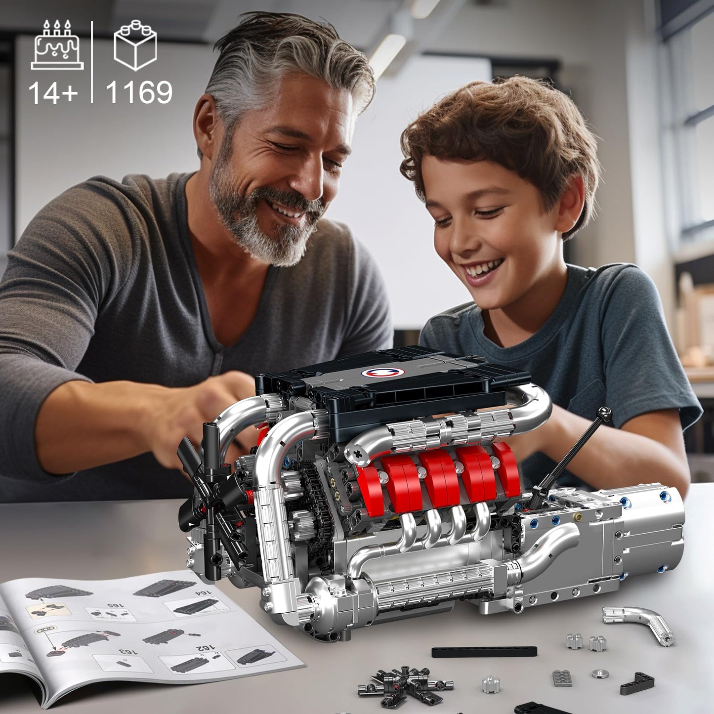 Mould King 10203 V8 Engine Building Blocks Sets, Build A Engine Model Kit That Runs, Moc Engineering Model Building Kit, Stem En