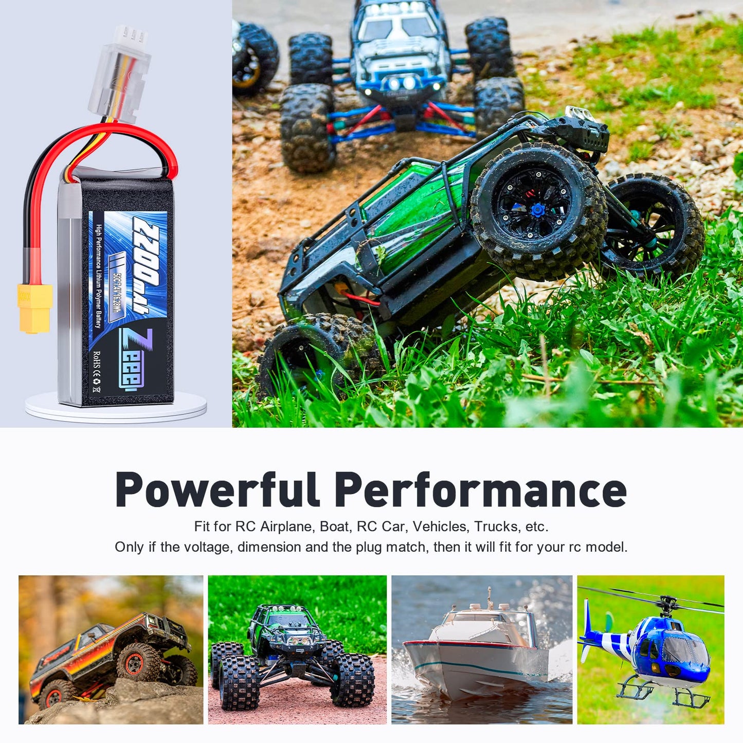 Zeee 2S Lipo Battery 2200mAh 7.4V 50C Shorty Pack Battery with XT60 Connector Soft Pack for 1/16 Slash RC Car RC Truck RC Helico