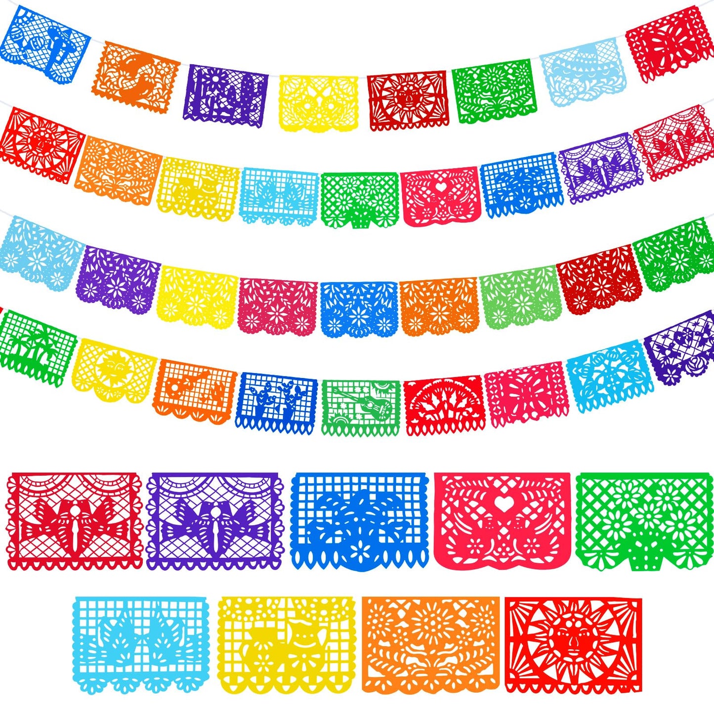 Boao 4 Packs 65.6 Feet Cinco De Mayo Party Decorations Mexican Banner Fiesta Plastic Papel Picado Banner Garland Dia De Los Muer