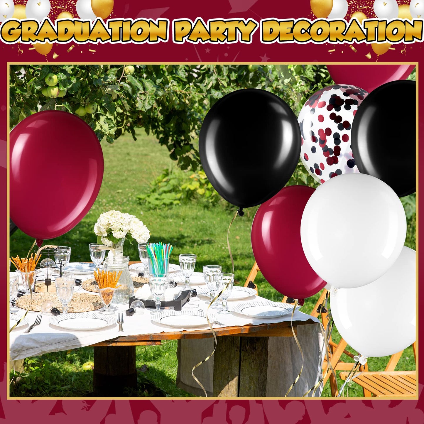 Sratte 60 Pcs 12 Inch Balloons Kit Confetti Latex Metallic Balloons With 2 Rolls Ribbon Party Favor For Memorial Day, Birthdays, Fourth Of July, Halloween Decorations(Black, Red, White)