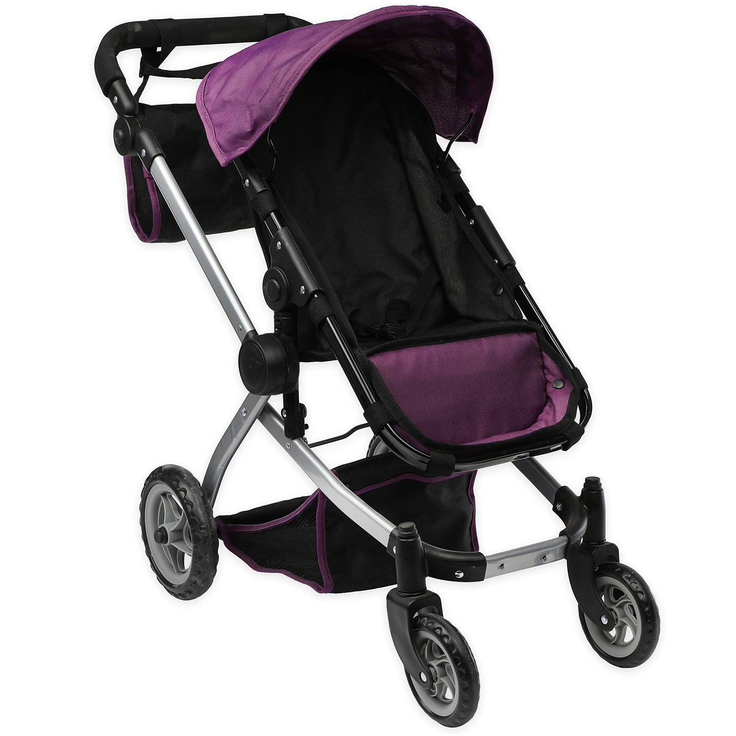 Mommy & Me Babyboo Foldable Doll Stroller With Swiveling Wheels, Doll Pram With Basket, Convertible Seat, Adjustable Handle And Free Carriage Bag - Purple Black
