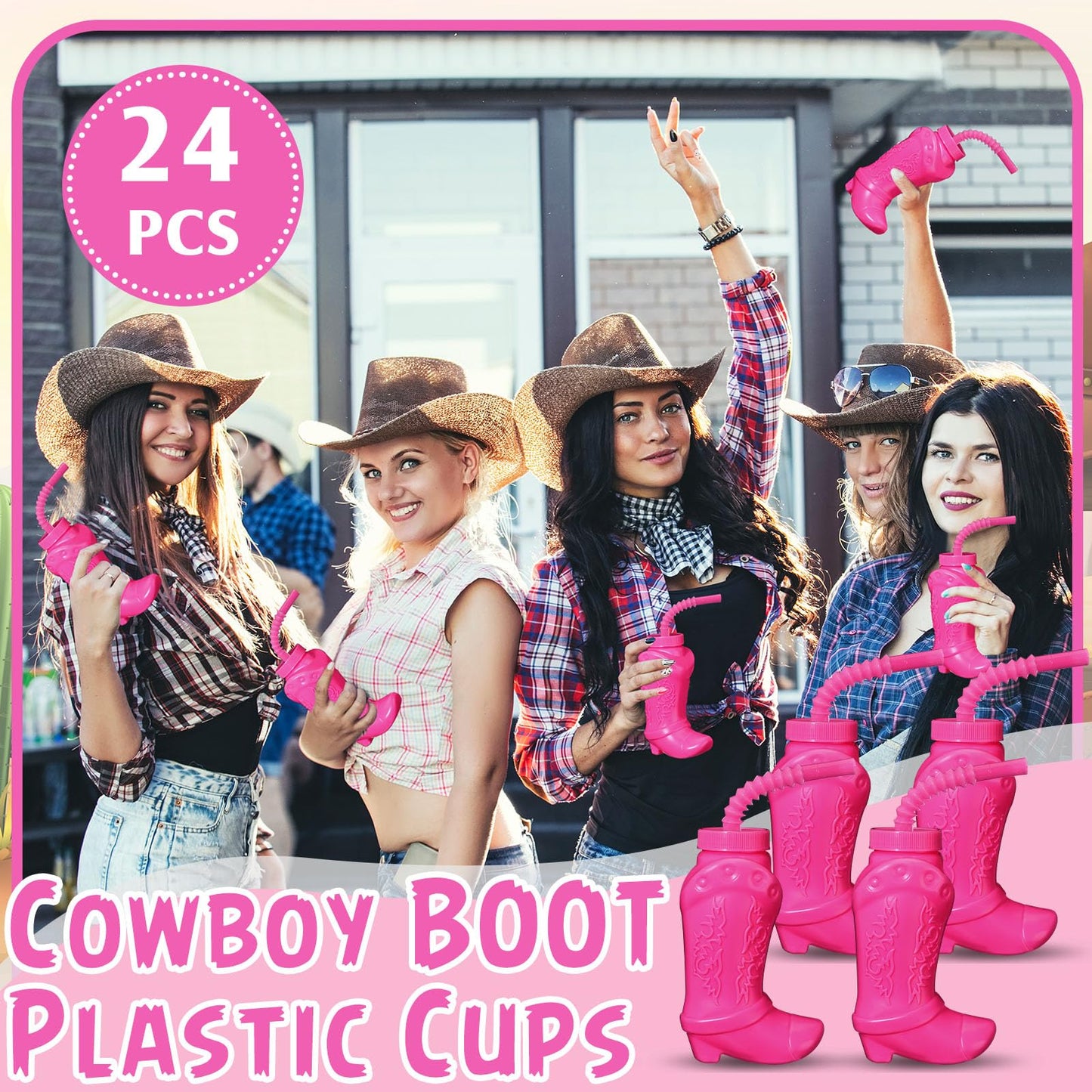 Hoolerry 24 Pcs Cowboy Boot Party Plastic Cups With Straws And Lids 10 Ounces Plastic Cowboy Cups For Western Themed Party Suppl