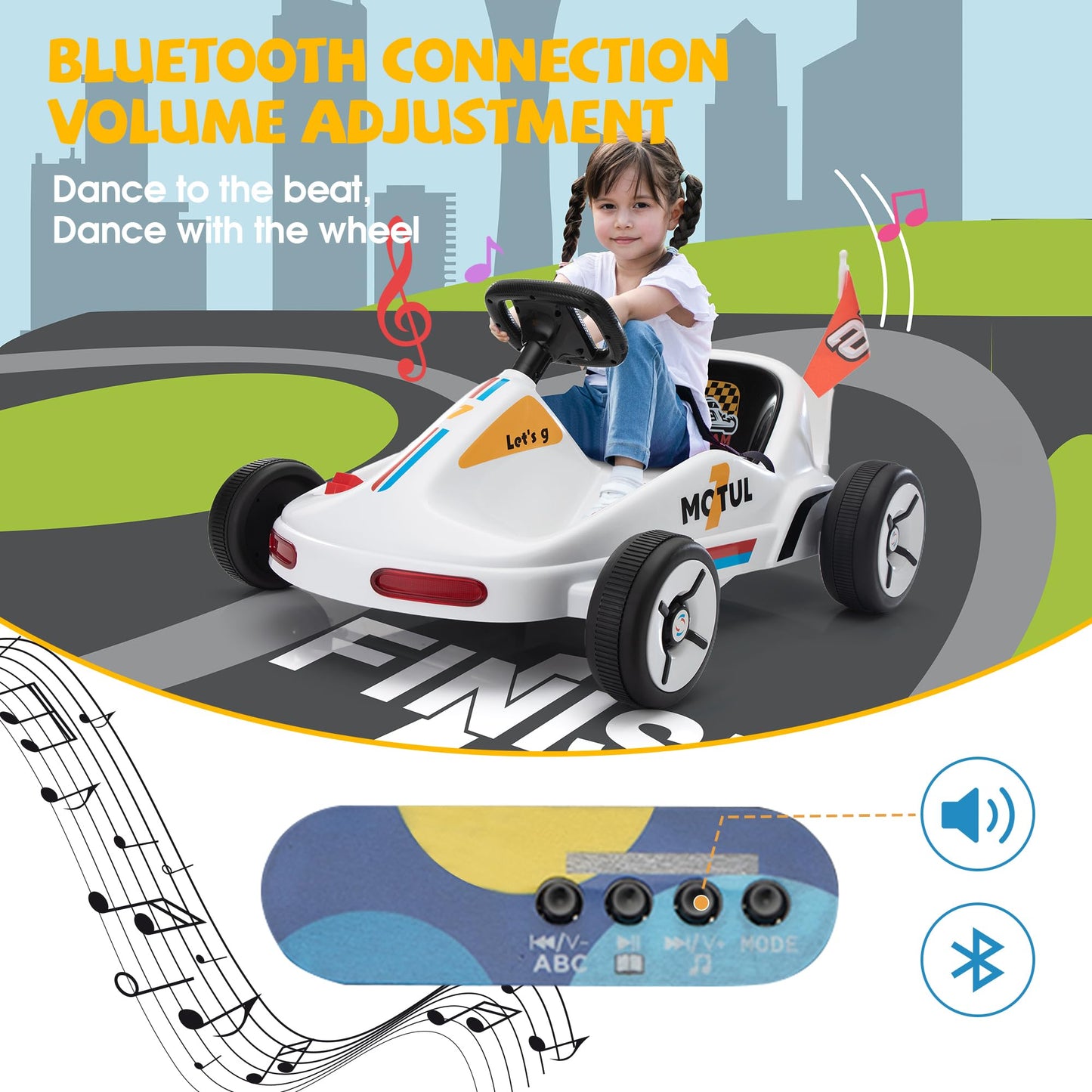 TOBBI Electric Go Kart for Kids, 12V Ride on Car Outdoor Pedal Race Toy with Music, Remote Control, Flashing Lighting, for 3-8 Y