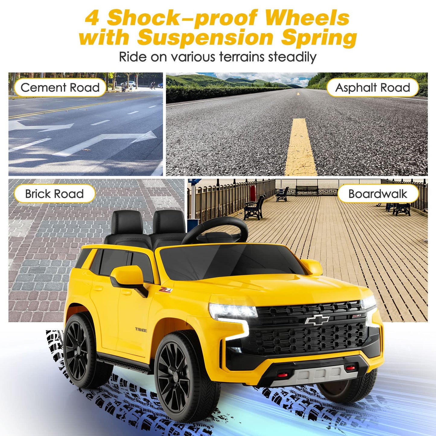 Costzon Ride On Car, 12V Licensed Chevrolet Tahoe Battery Powered Electric Vehicle W/ 2.4G Remote Control, High/Low Speed, Music, Lights, Mp3/Usb/Fm, Spring Suspension, Electric Suv For Kids (Yellow)